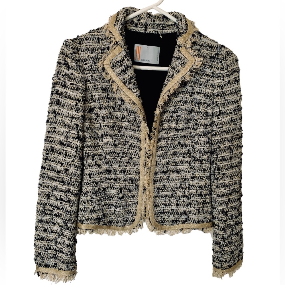 Missoni Italy tweed jacket 2 classic black white gray gold fringe gold clasp